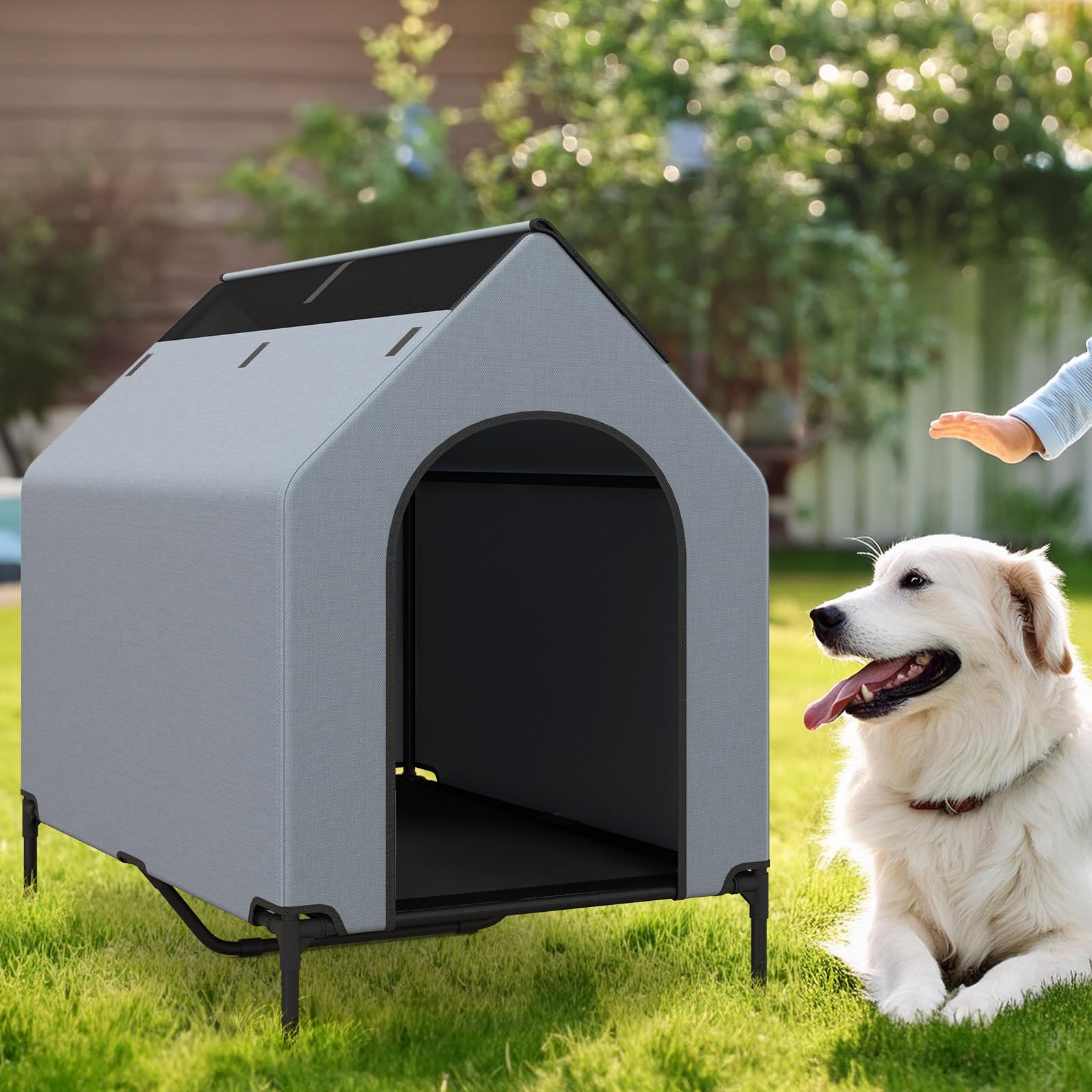 COSTWAY 2 en 1 Niche pour Chien Exteriéur Intérieur, 75x110x106 cm, Fenêtre Ventilée, Housse Amovible, Chenil pour Chien Exterieur, Tissu Oxford, Base Surélevée, pour Moyen Grand, Capacité 40 kg