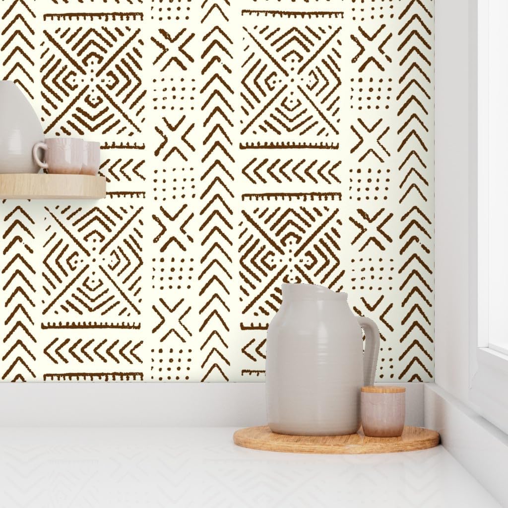 Peel & Stick Wallpaper 3ft x 2ft - Line Mud Cloth Ivory Large African Afrocentric Custom Removable Wallpaper by Spoonflower