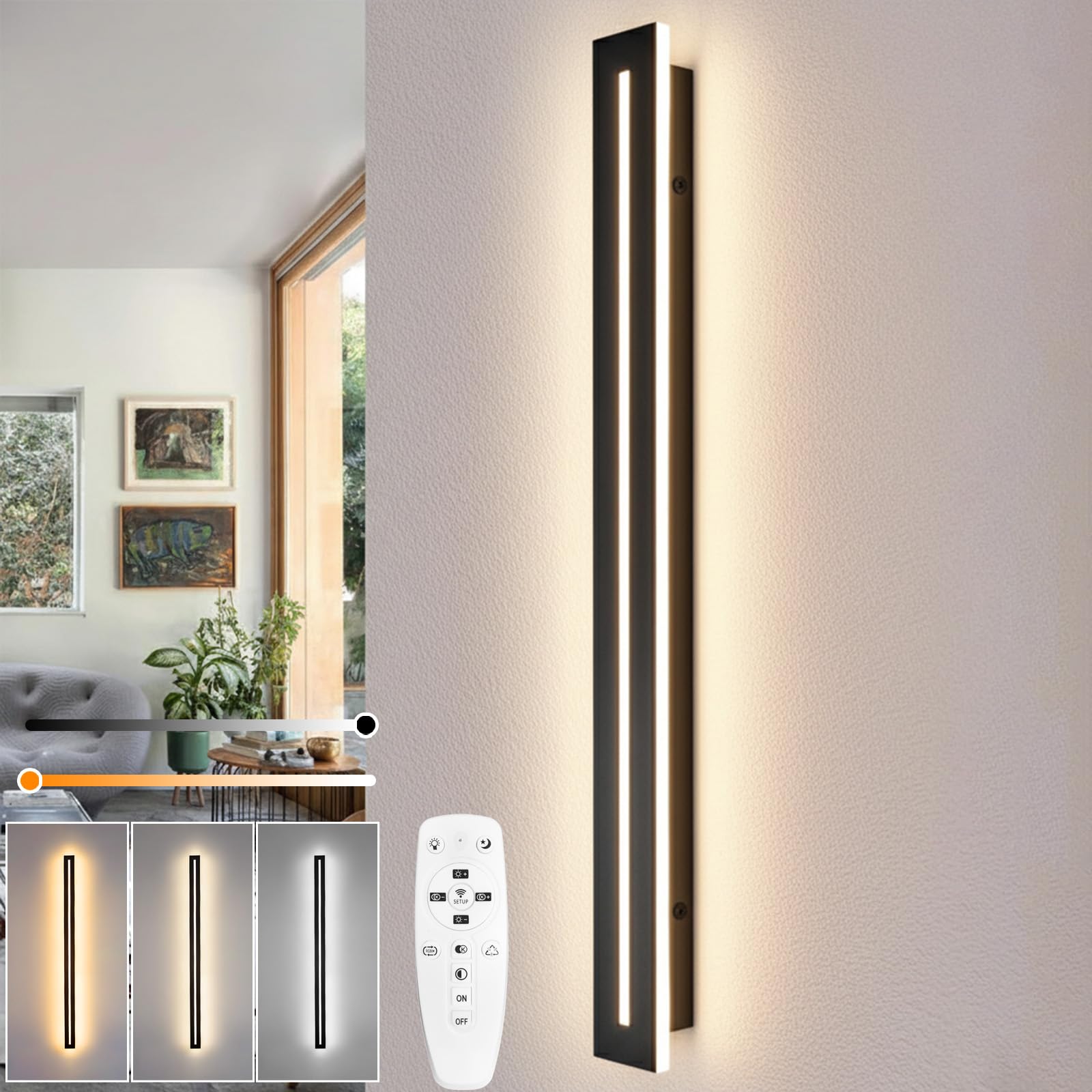 Applique Murale Intérieure,15W Lampe Murale Dimmable Noir 60CM
