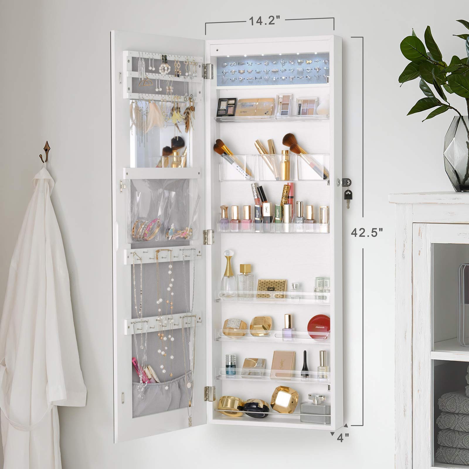 YOKUKINA LED Jewelry Armoire Wall&Door Mounted Full length Dressing Mirror w/ Large