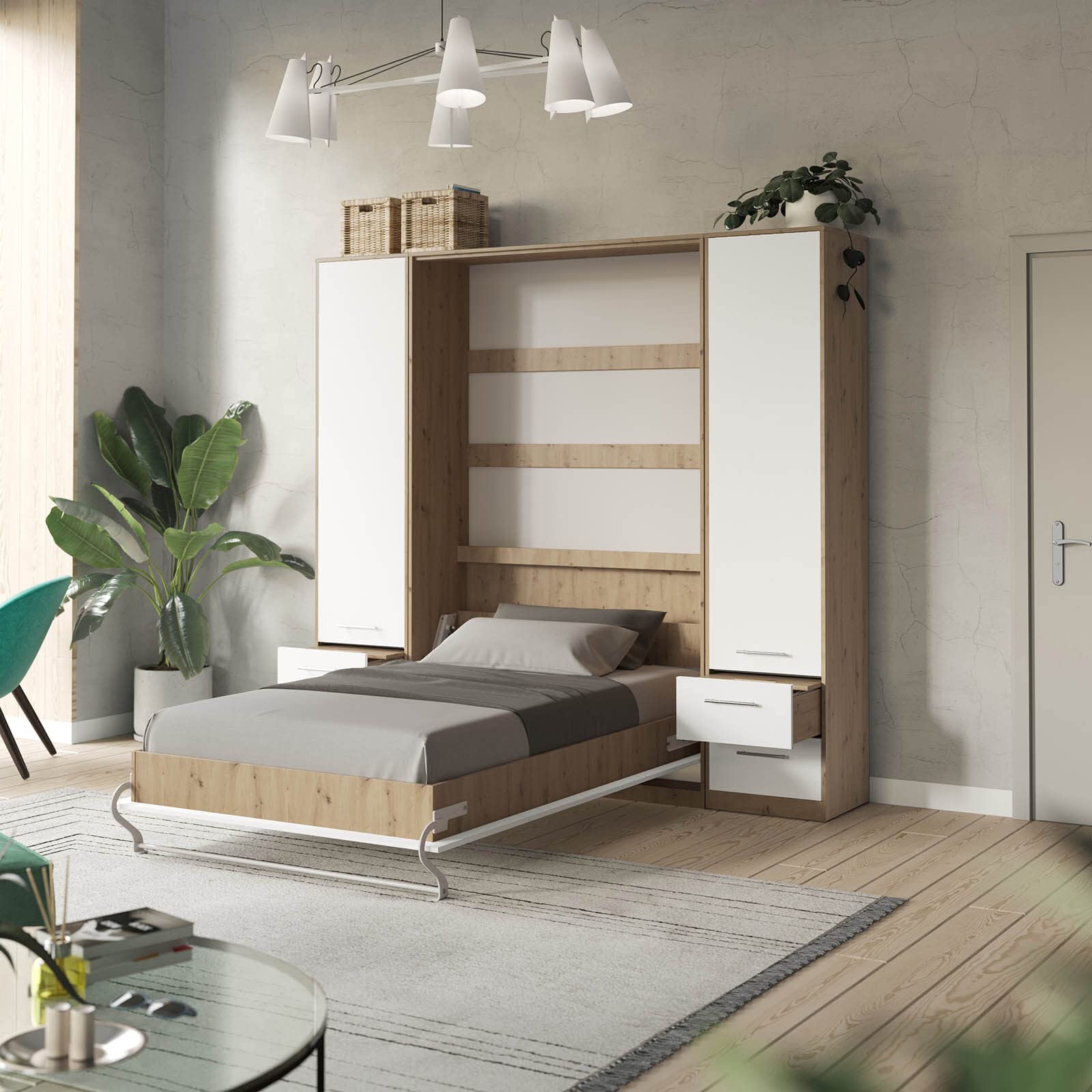 SMARTBett Juego de pared con cama de armario estándar, 140 x 200 cm, vertical, 2 x 50 armarios, roble salvaje, blanco