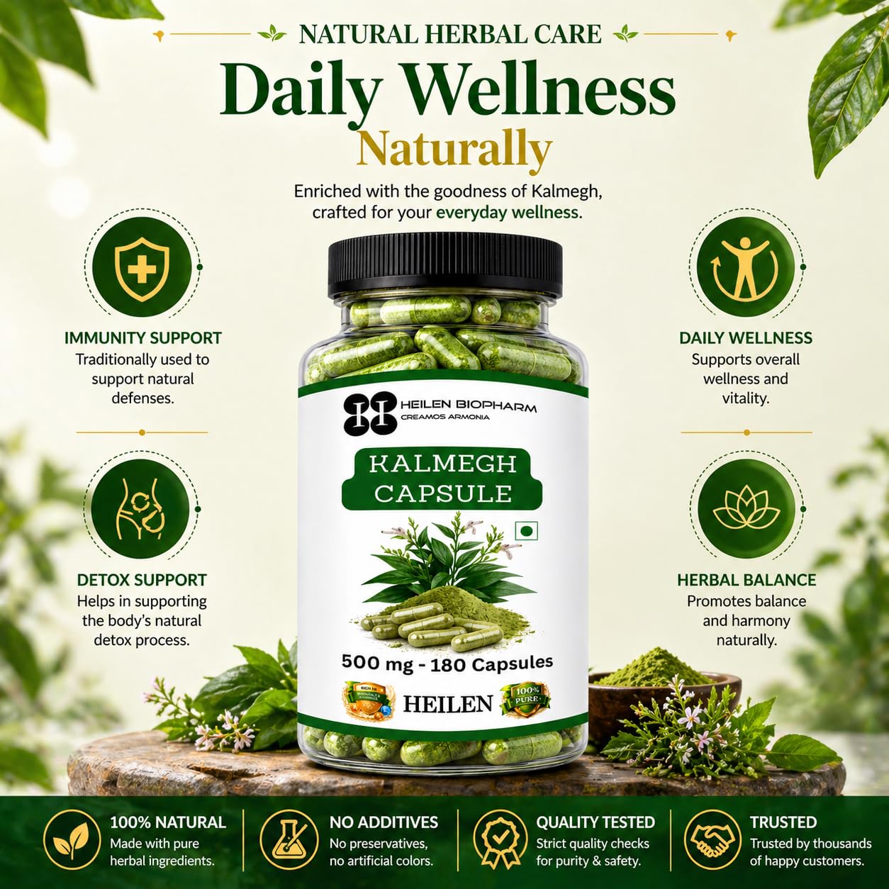 Heilen Biopharm Kalmegh Capsules 500mg (180 Capsules) | Kalmegh Herb (Andrographis paniculata) Ayurvedic Supplement | Supports Liver Wellness & Immunity | Vegetarian Capsules — Amazon image 4
