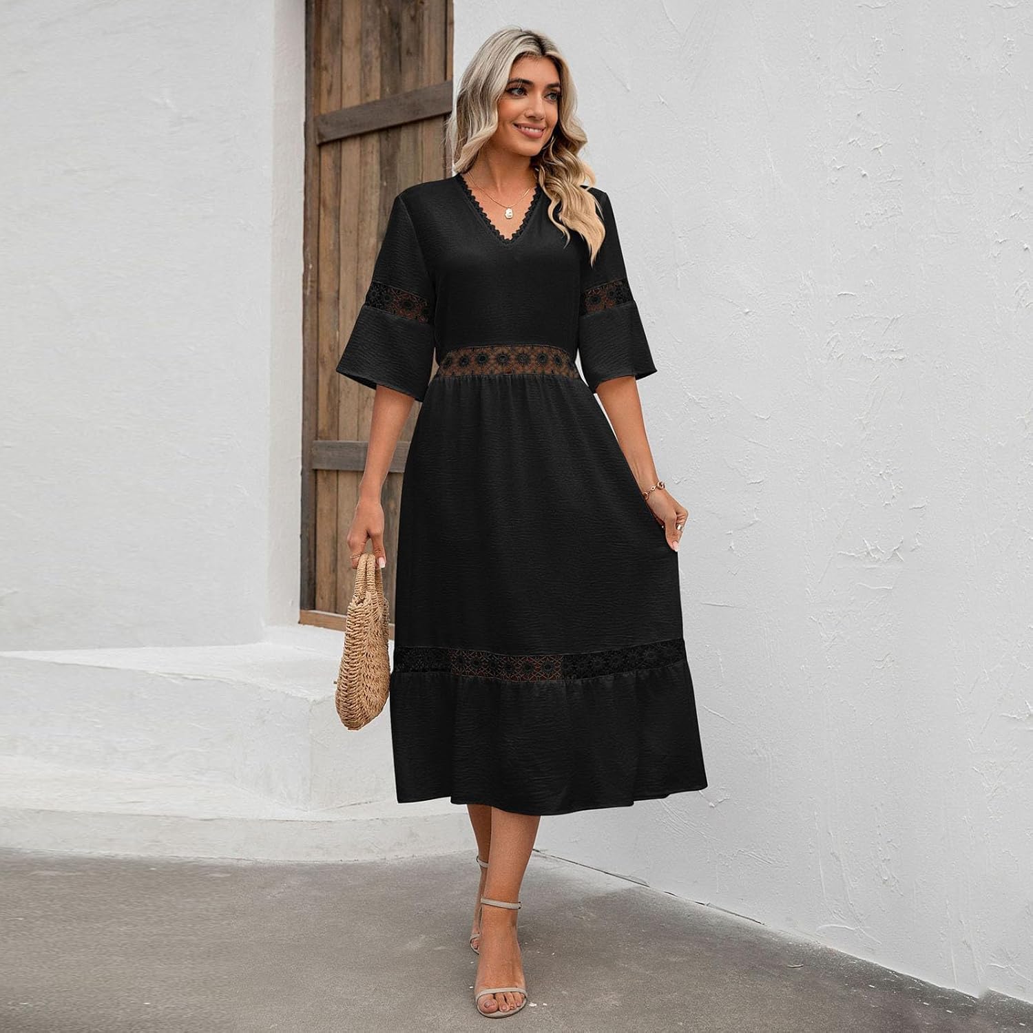 Womens Lace Patchwork V Neck 3/4 Sleeve Midi Dress Hollow Out Flowy Boho Dresses Summer Casual Beach Sundresses