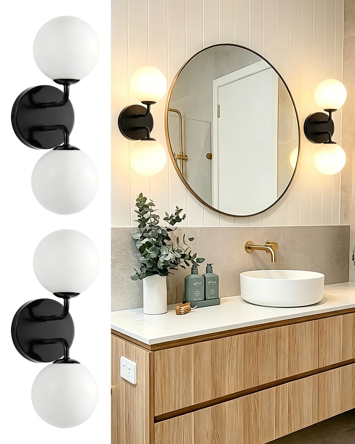 Photo 1 of Yunnix Black Bathroom Vanity Light, Modern Globe Vanity Lighting Fixtures with Milk White Glass Shade, Mid Century Vanity Lights Wall Sconce Over Mirror for Bathroom Hallway Entryway (2 Pack)
