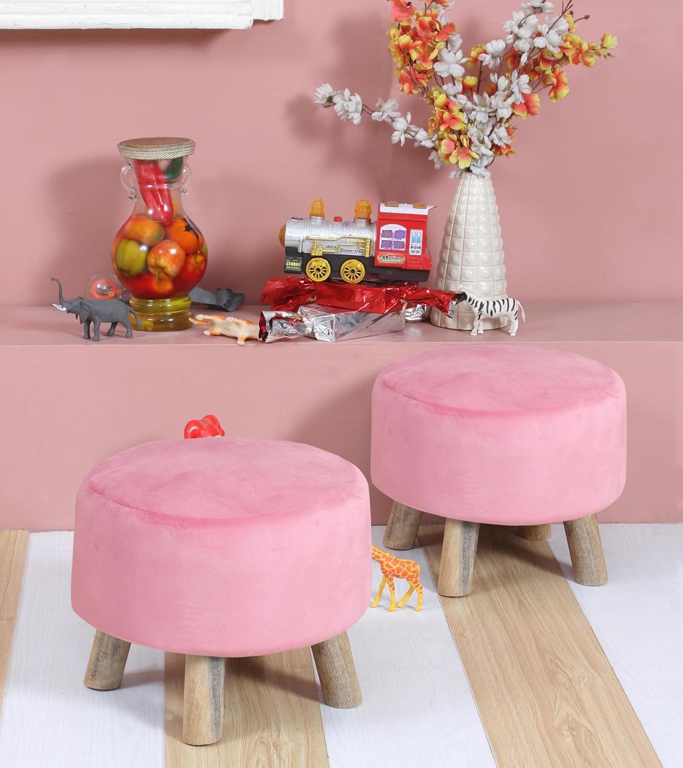 Ottoman Kids pouffe Small Stool for Baby Chair Study Table Stool for Kids Room Baby Sofa Stepstool Children Cartoon Wooden Pack of 2, 14x11 Inch, Baby Pink-image-34