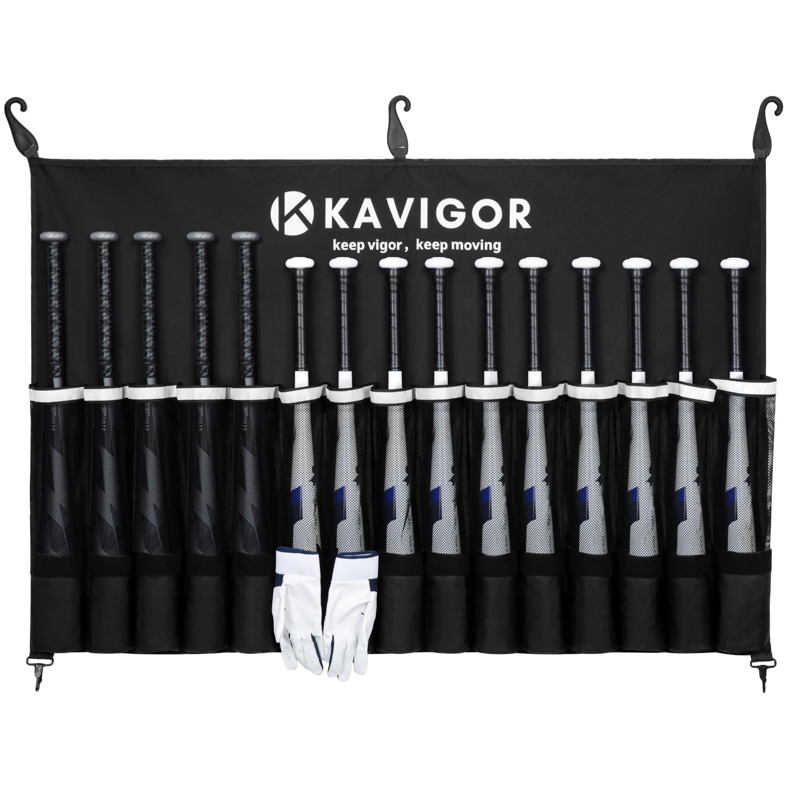 KAVIGOR 15-Bat Baseball/Softball Dugout Organizer - 900D Military-Grade Fabric & Reinforced Hooks, Holds Bats/Gloves on Fence