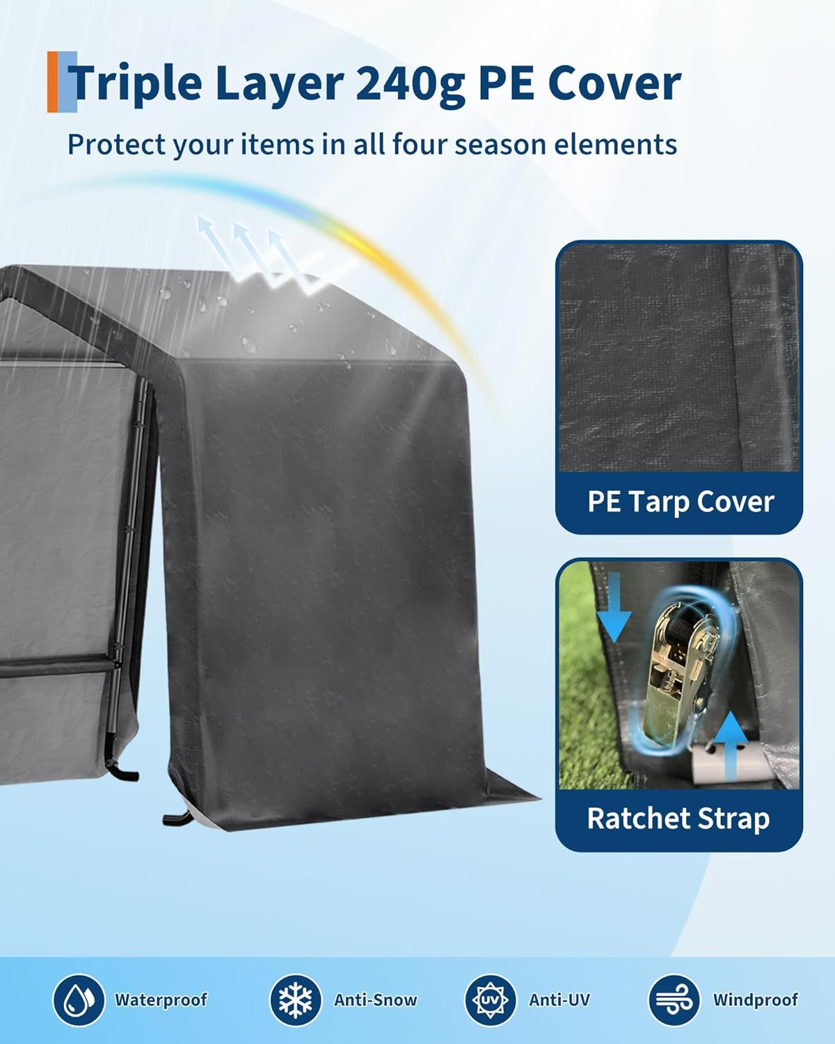 6X6 FT Heavy-Duty Portable Outdoor Storage Shed with Roll-Up Zipper Door & Vent, 240g Waterproof Carport Storage Shelter, UV-Resistant Canopy for Motorcycle, Firewood, Tools -Gray