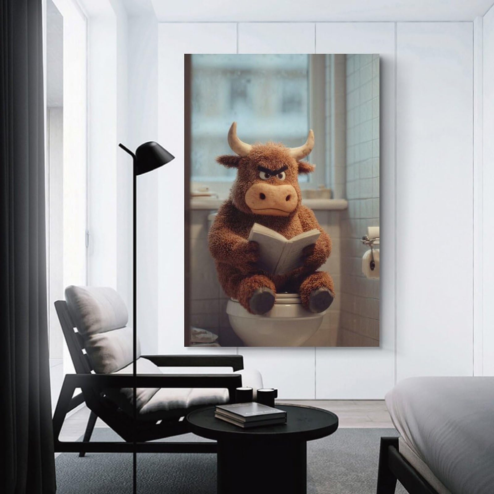 Junmoney Angry Bull Reading in Bathroom Wall Art Print, 20x30inch(50x75cm), for Entryway, Lounge Links Or Small Walls, Decorative Wall Art for Narrow Spaces