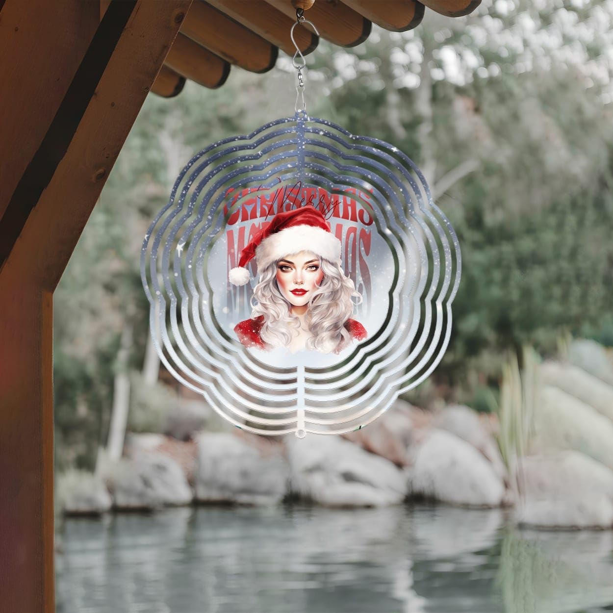 Santa Girl Merry Christmas Wind Spinners 3D Stainless Steel Laser Cut Metal Double Sided Printing-Hanging Indoor/Outdoor Decorations Yard Gardening Decor,Metal Kinetic Art 16x16 inches