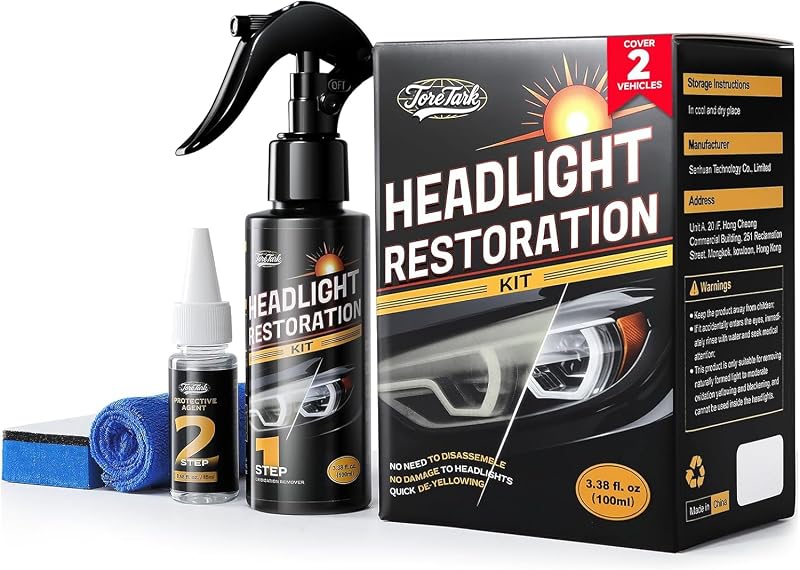 Kit de restauração de faróis dianteiros Toretark com spray – 3 aplicações