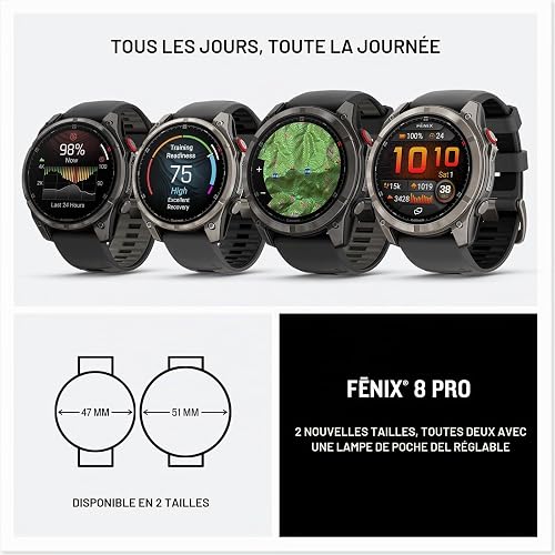 Garmin fēnix 8 Pro, 51 mm, écran AMOLED, Montre Intelligente GPS Multisports connectée, Technologie inReach, Saphir, Titane DLC Gris Carbone avec Bracelet en Silicone Noir/Gris Galet - 7