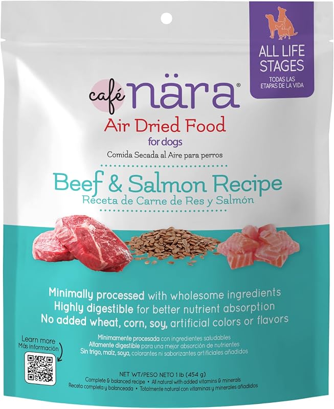 Ração seca para cães Café Nara Air Dried, receita de carne bovina e salmão, 454 g