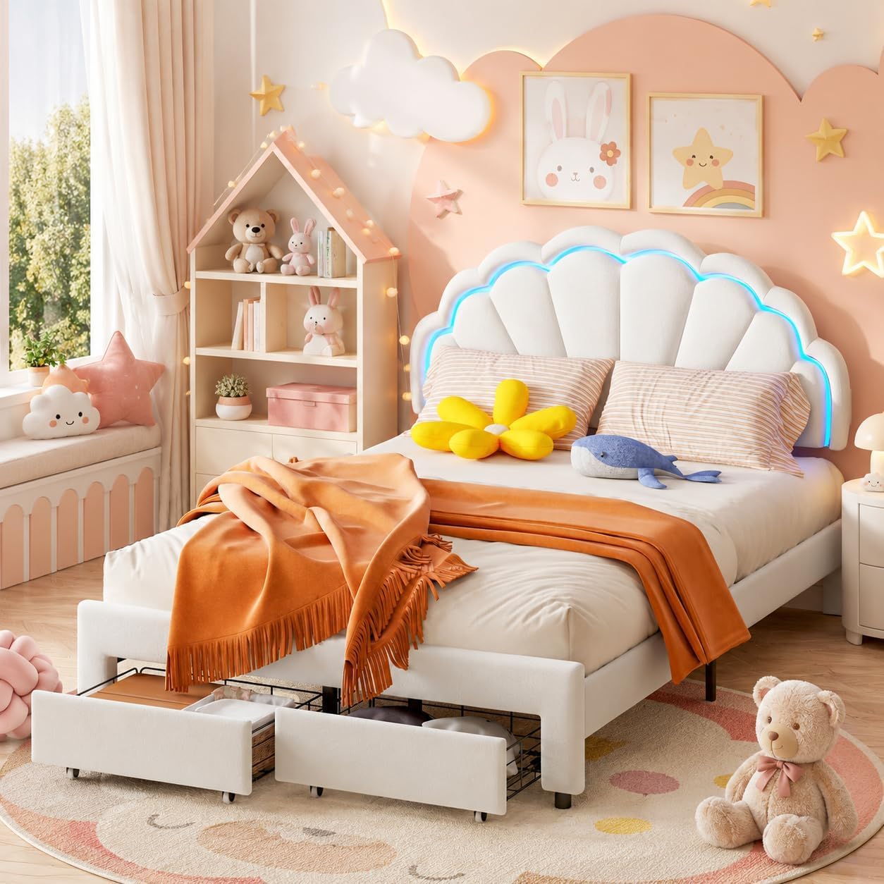 OLIVIBED 4ft Double Bed, Upholstered Bed with Adjustable Headboard, Children's Bed with Drawers & Wooden Slatted Base, Kids Bed for Boys and Girls, Beige, Flannel, No Mattress