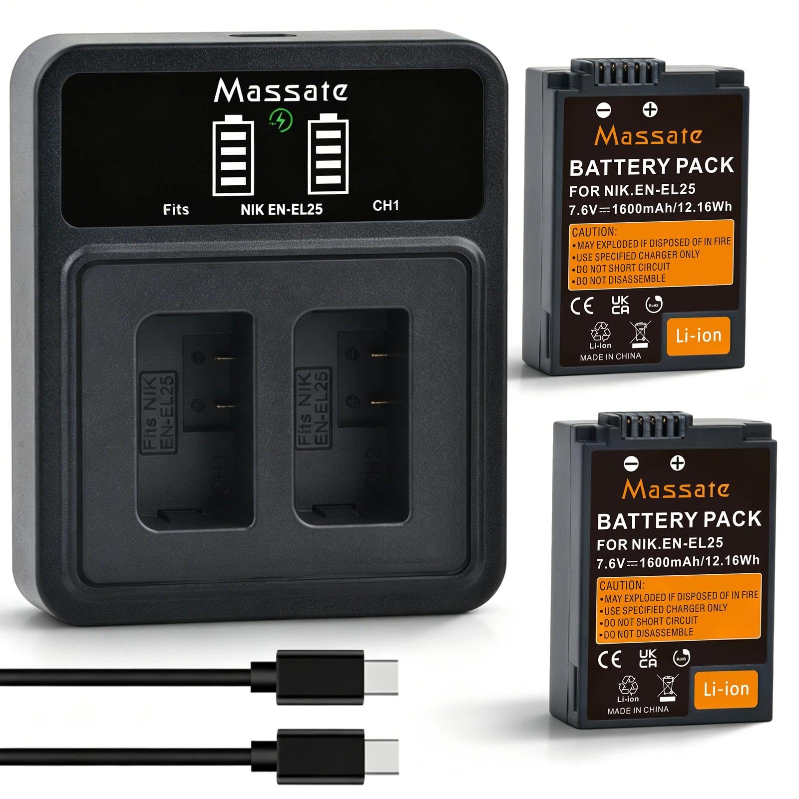Confezione da 2 batterie EN-EL25 da 1600 mAh ad alta capacità + caricatore rapido LED PD20W, ricarica completa in 2,5 ore, batteria EN-EL25 per Nikon Z30, Z50, Z50II, ZFC e caricabatterie MH