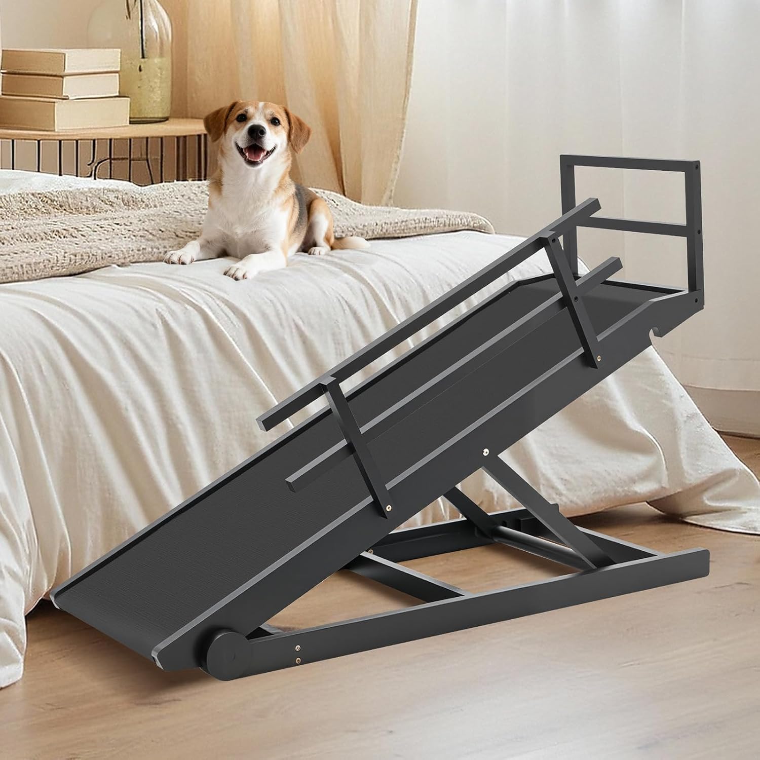 SLSY Dog Ramp for Beds & Couches, Folding Adjustable Pet Ramp with Non-Slip Rubber Mat, 55" Long, 5 Heights (15.7"–27.5"), Wooden Ramp Supports Up to 220 lbs for Dogs & Cats (Brown)