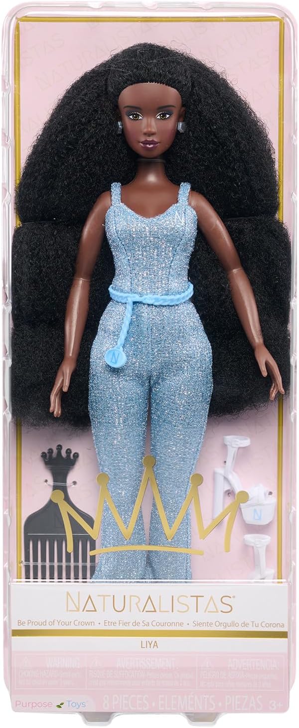 Naturalistas “Crown Collection” 11.5-inch Liya Fashion Doll and Accessories with 4C Textured Hair and Deep Brown Skin Tone by Purpose Toys