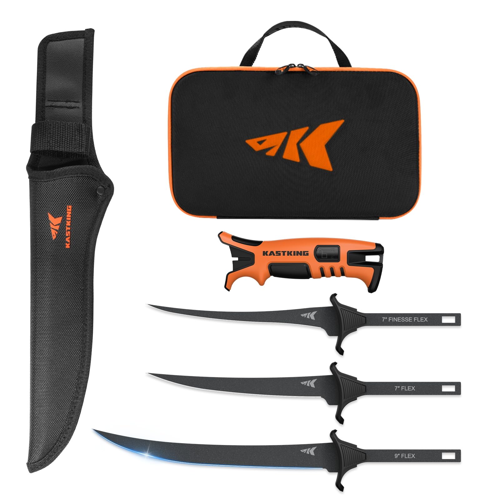 KastKingInterchangeable 3-Blade Fillet Knife Kit: Stainless Blades, Ergonomic Handle, Saltwater Resistant, Includes Case