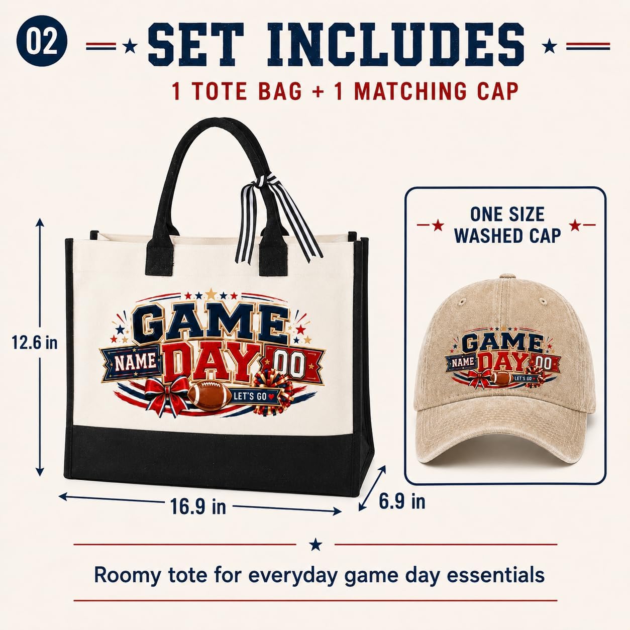 Custom Game Day Tote and Hat Set with Name Number | Includes a tote bag and washed cap, personalized with player name and number for sports moms, football games and team gifts