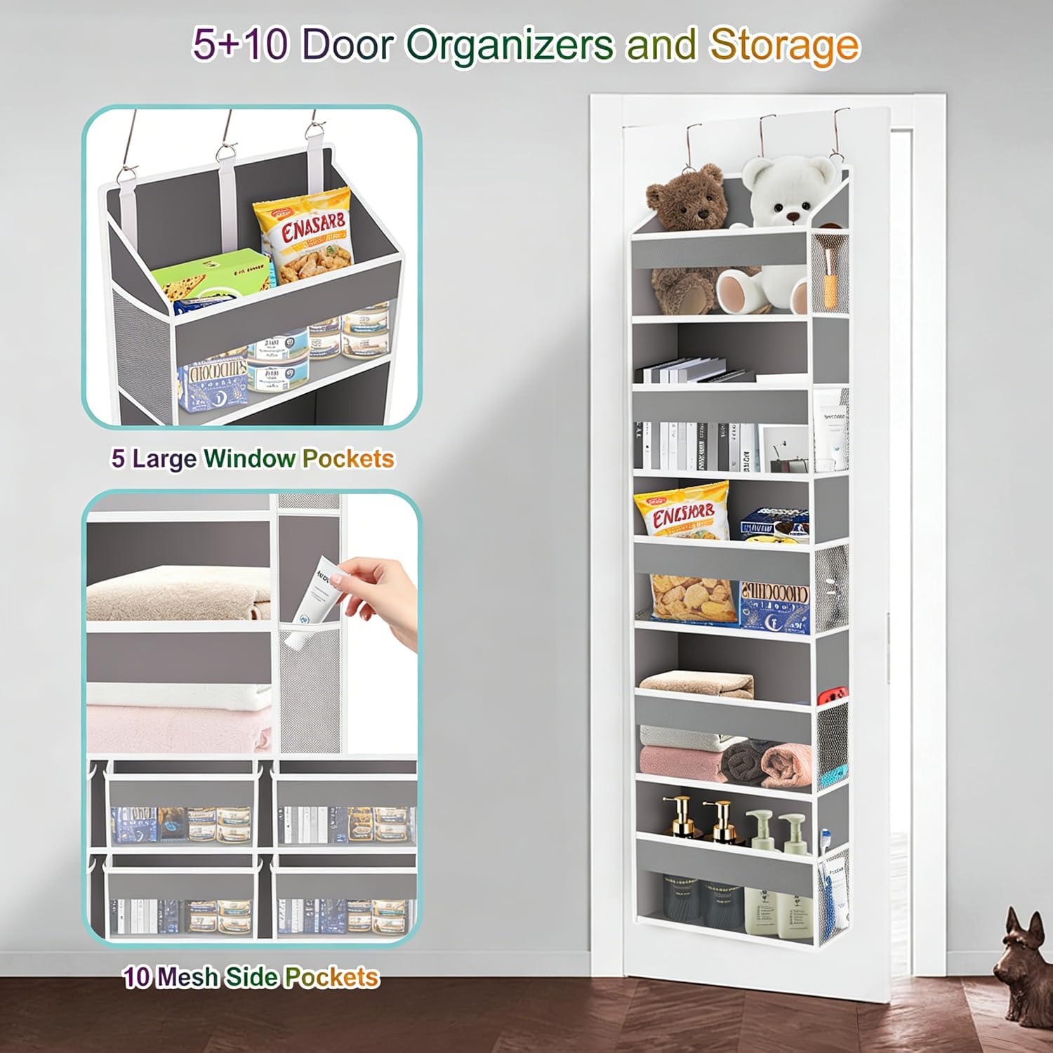 Over The Door Organizer Closet,5 Bins 10 Side Pockets,Hanging Organizer,Anti Tilt 44 lbs Load Organizers and Storage with Clear Window for Bedroom,Nursery,Rv,Bathroom,Camper(Light Grey) - Image 3