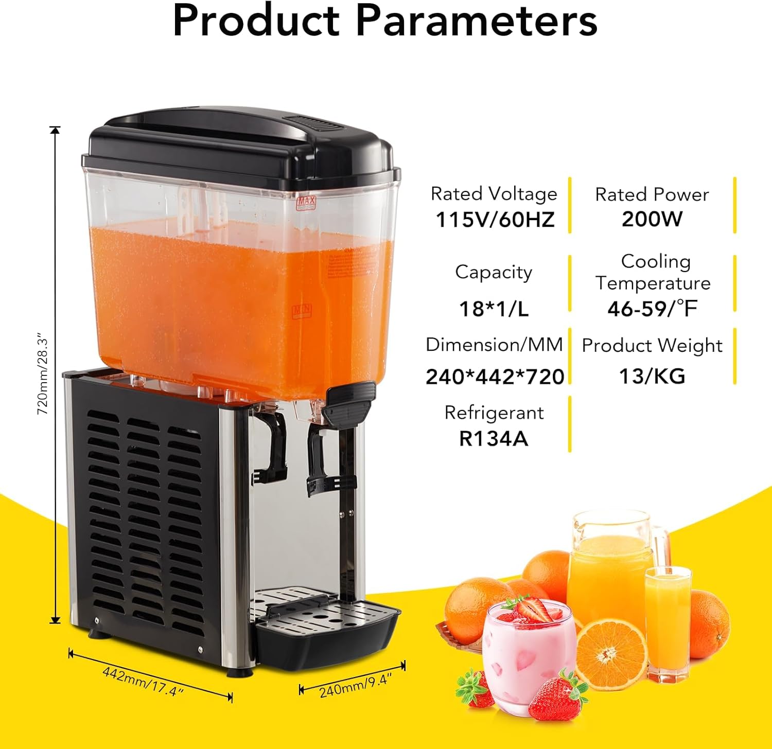 Commercial Beverage Dispenser 4.8 Gallon 18L Single Tank 150W Stainless Steel Juice Dispenser with Thermostat Controller for Cold Drink, Food Grade Material, Ideal for Restaurants, Hotels, and Parties