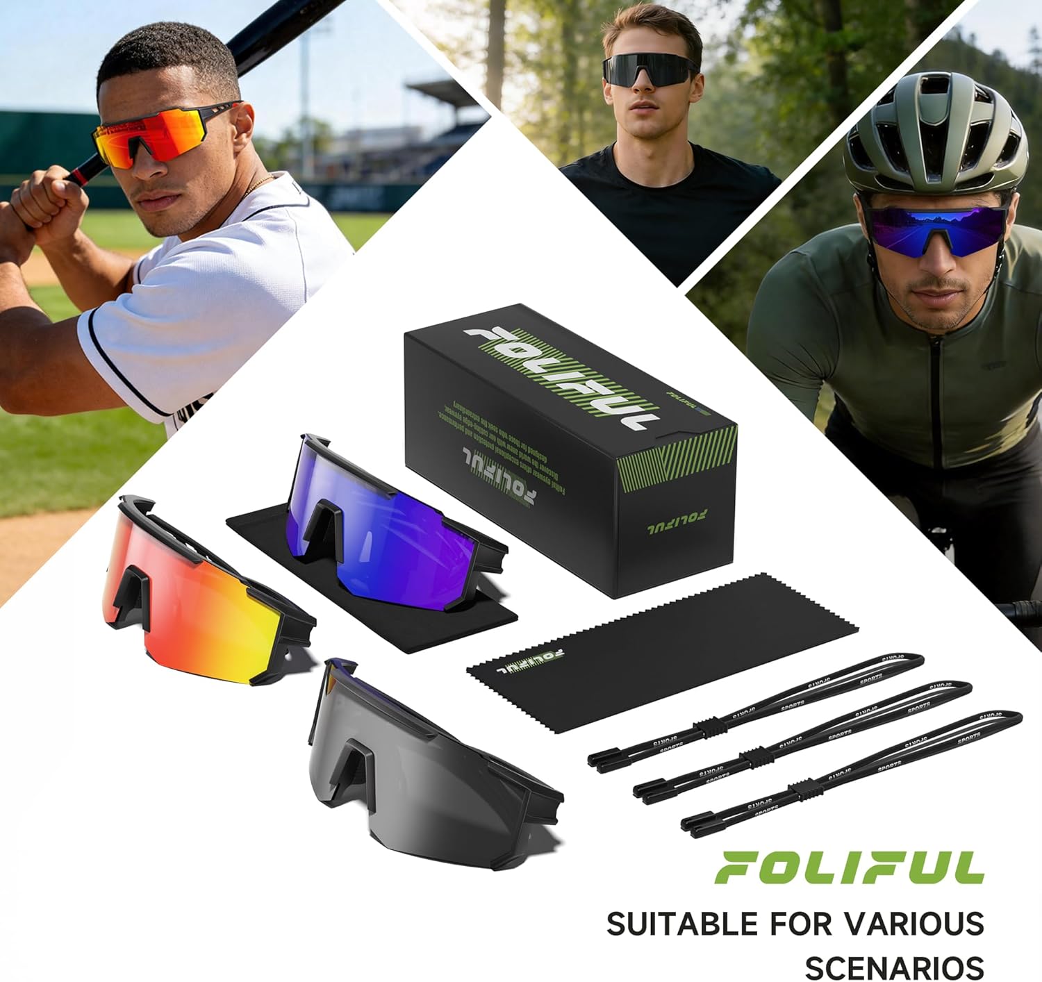3 Pack Polarized Sports Sunglasses Men Women, Running Mens Sunglasses UV Protection for Baseball Cycling Fishing