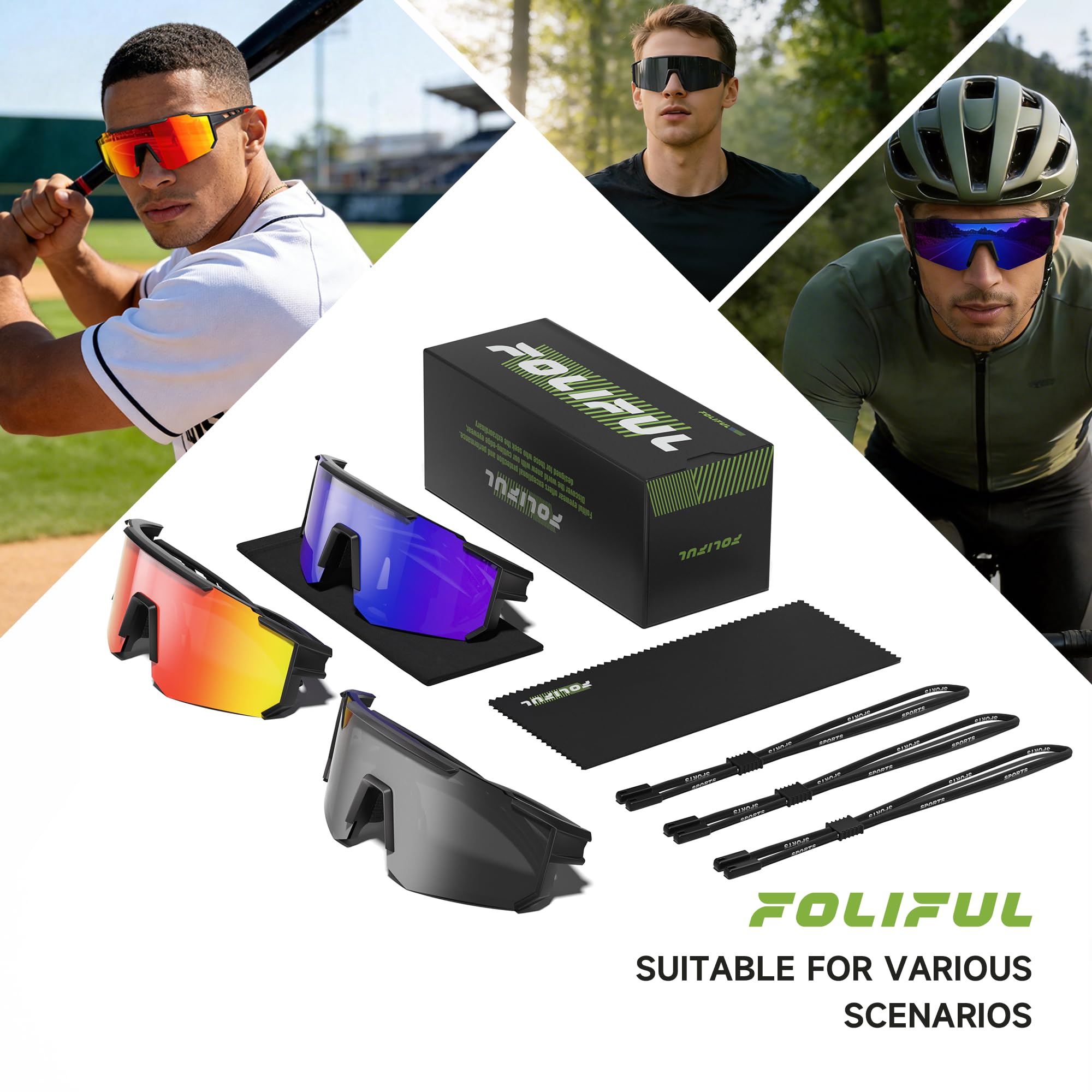 Lot de 3 lunettes de soleil de sport polarisées pour homme et femme, protection UV pour baseball, cyclisme, pêche