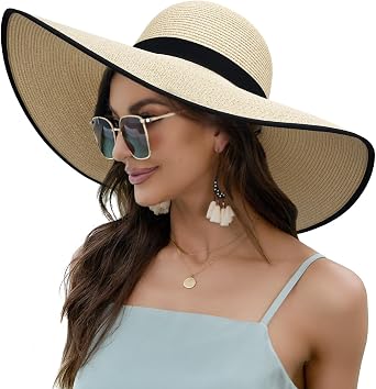 Women Wide Brim Sun Hat UPF50 Straw Summer Hat Floppy Beach Hat Roll-Up