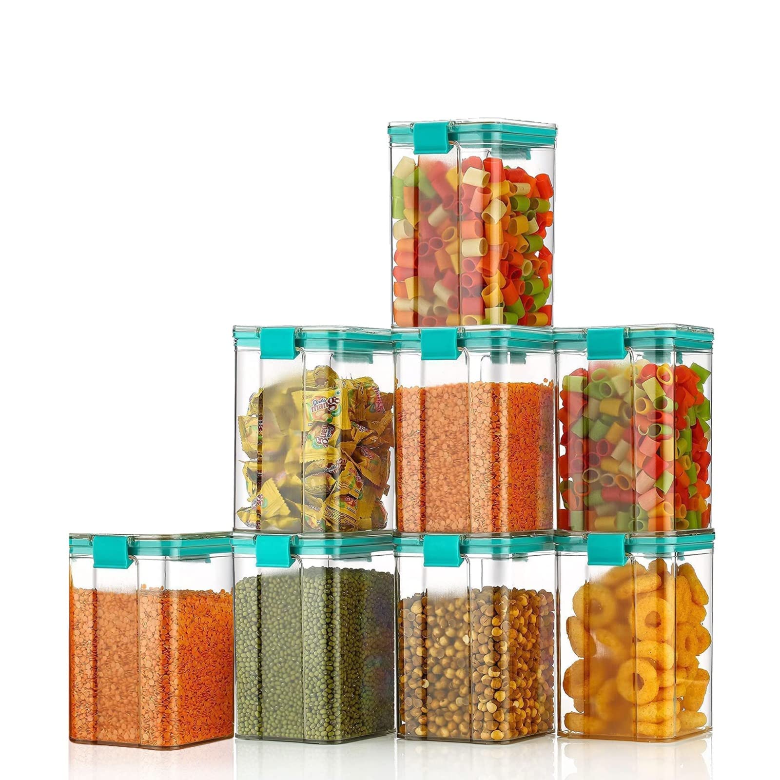 GIRNES 1200ML Air Tight Plastic Container & Jar Set for Kitchen & Pantry Storage for Dry Fruits, Snacks, Biscuits, Pulses & Spices Organiser, Transparent Food Storage Containers with Lids - Pack of 16