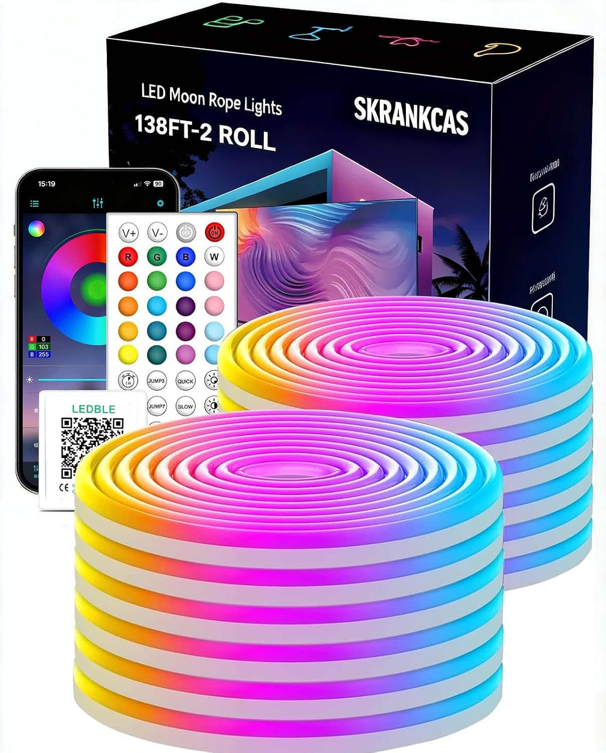 138Ft neon Light, Flexible LED Light with Application/Remote Control, Multi-Mode Light, IP65 Outdoor RGB LED Light Waterproof, DIY Flexible LED Light for Bedroom, Party, Room Decoration