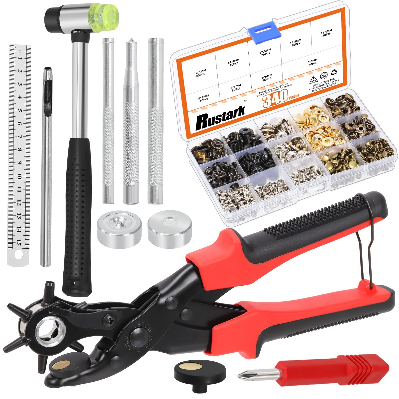 Rustark 349Pcs Snap Fasteners and Double Cap Rivets Kit with Hammer and Setting Tools, Hole Pliers, 5 Colors Metal Button Press Stud for Leather DIY Craft Clothing