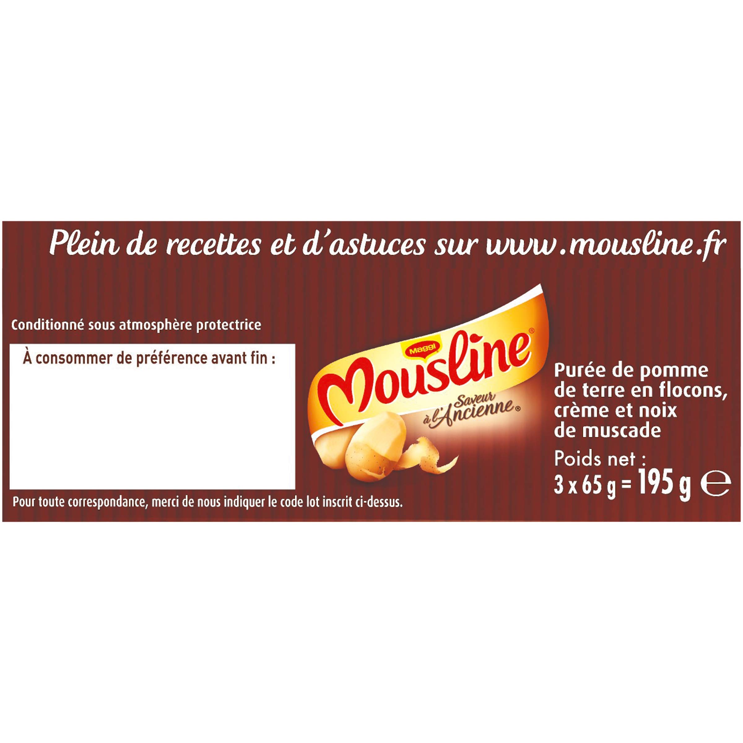 Maggi Mousline Purée Saveur à l'Ancienne Crème Muscade 3 Sachets de 65 g pour 2 personnes