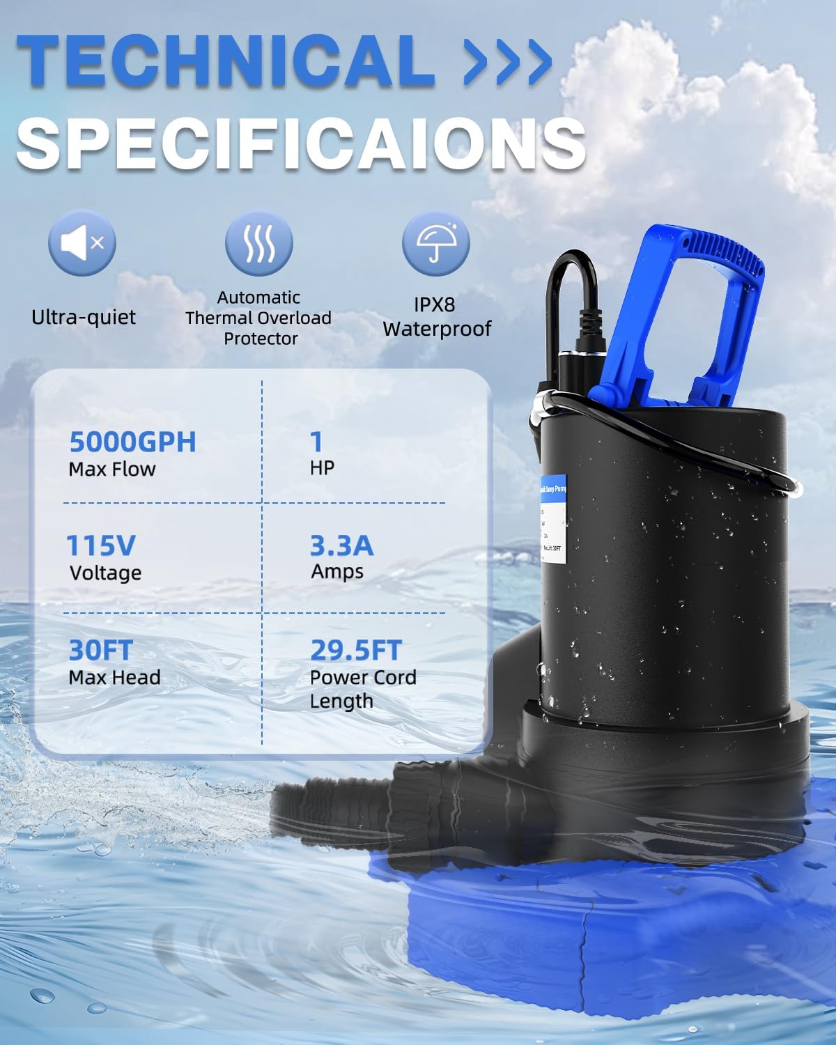 Automatic Pool Cover Pump - 1 HP 5000 GPH Submersible Water Pump with Check Valve and 3 Adapters, 29.5FT Cord for Pumps Above Ground Automatic On/Off System, Sump Pump for Basement Floods, Pond Pump Blue