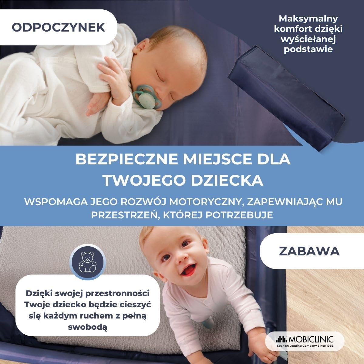 Mobiclinic®, Łóżeczko turystyczne, 2 w 1, Ultrakompaktowe składanie, Wyjmowany materac, Mofli, Do 15 kg, Oddychająca tkanina, Kojec dla dziecka, Kółka (ciemnoniebieski)