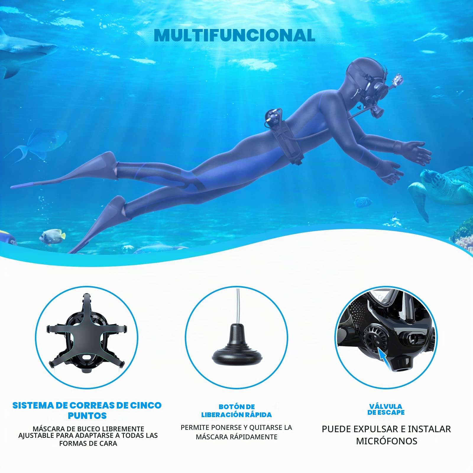 SMACO Máscara de buceo de cara completa con soporte para cámara, máscara de esnórquel de cara completa para adultos compatible con S400/S400 Plus/S400 Pro/S700 Tanque de buceo, kit de máscara de buceo
