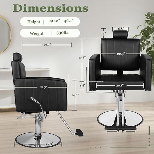 Miniatura 2 de Silla de salón negra para estilista, silla de peluquería hidráulica resistente con diseño de puntada vertical, giro de 360, altura ajustable, sillas