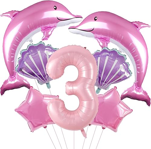 Globos de delfín, 7 globos de aluminio de Mylar con número de cumpleaños de delfín rosa, decoraciones de fiesta para baby shower, 3er cumpleaños,
