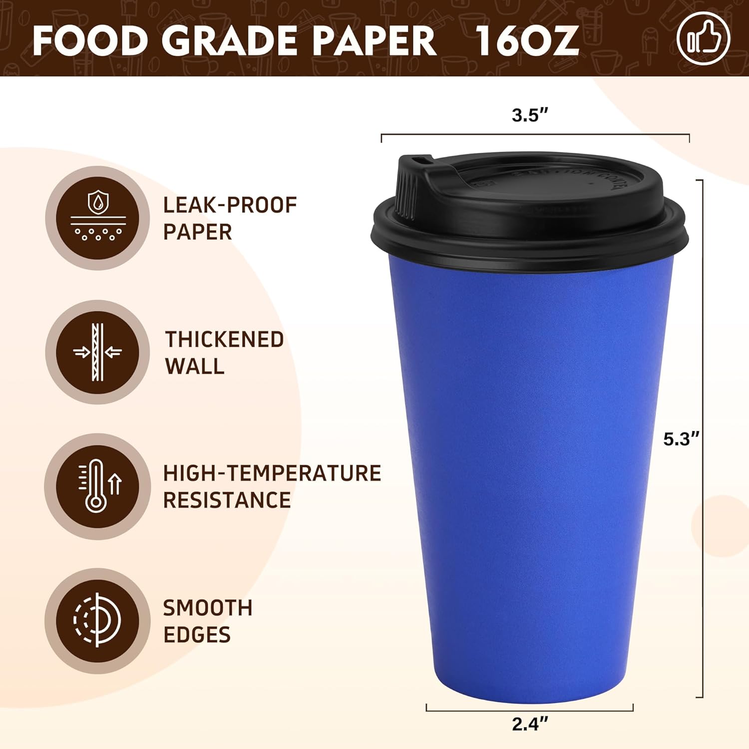 YEEHAW 16 oz Coffee Cups with Lids 100 Pack, Blue Disposable Paper Coffee Cups with Lids, To Go Cup with Lid - Image 2