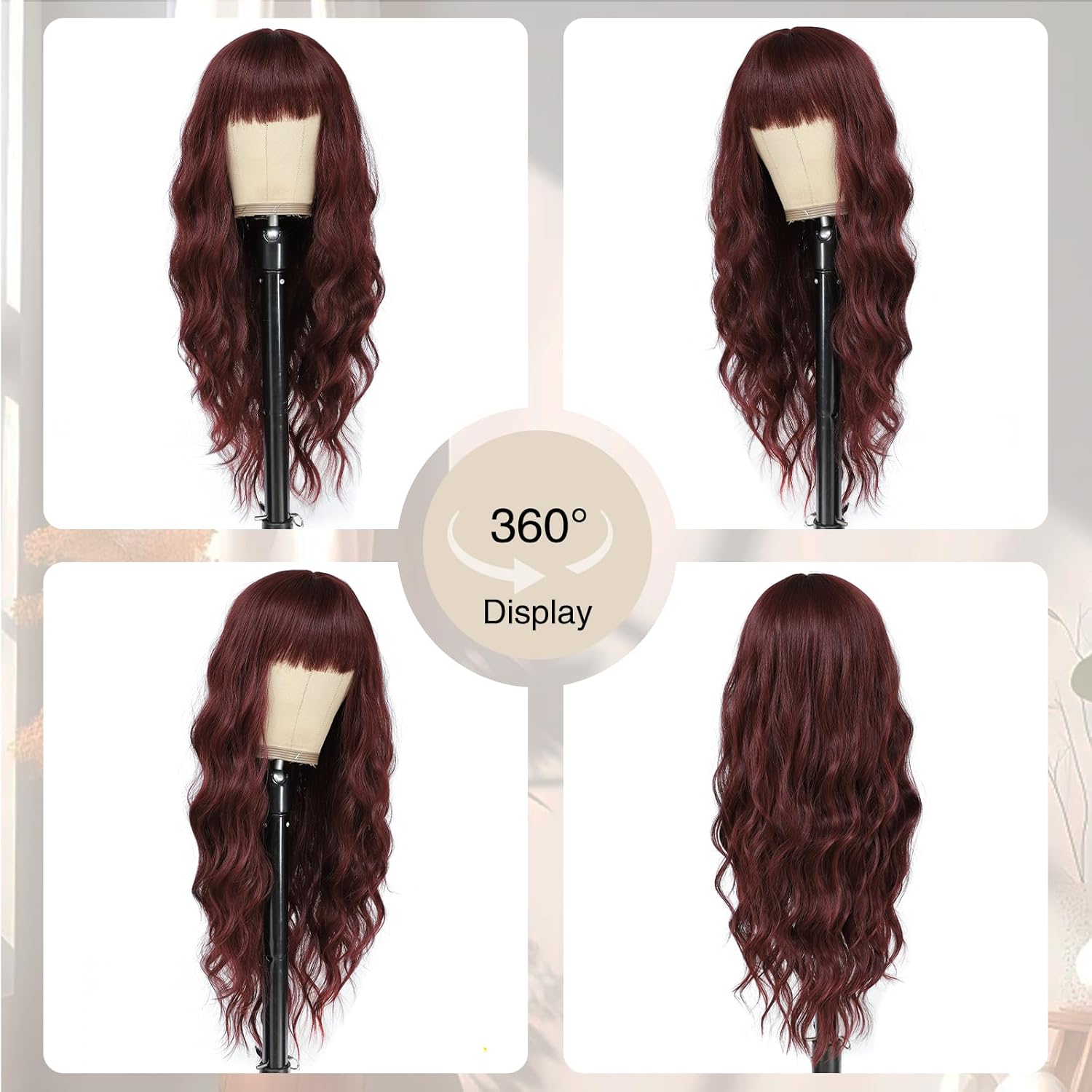 VERNA Wine Red Wig with Bangs, 26 Inch Long Red Wigs for Women, Natural Looking Burgundy Hair Wigs, Burgundy Curly Wavy wigs