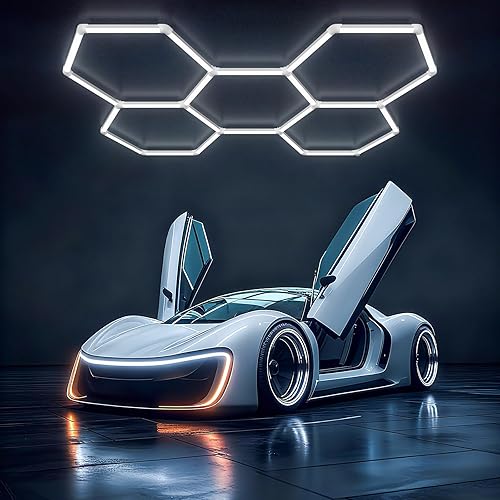 Miniatura 9 de Luces Hexagonales de Cochera - Luces Hexagonales Atenuables de 3 Etapas, Luz de Panal de Abeja de 6500K 17280LM para Detalles de Techo de Coche,