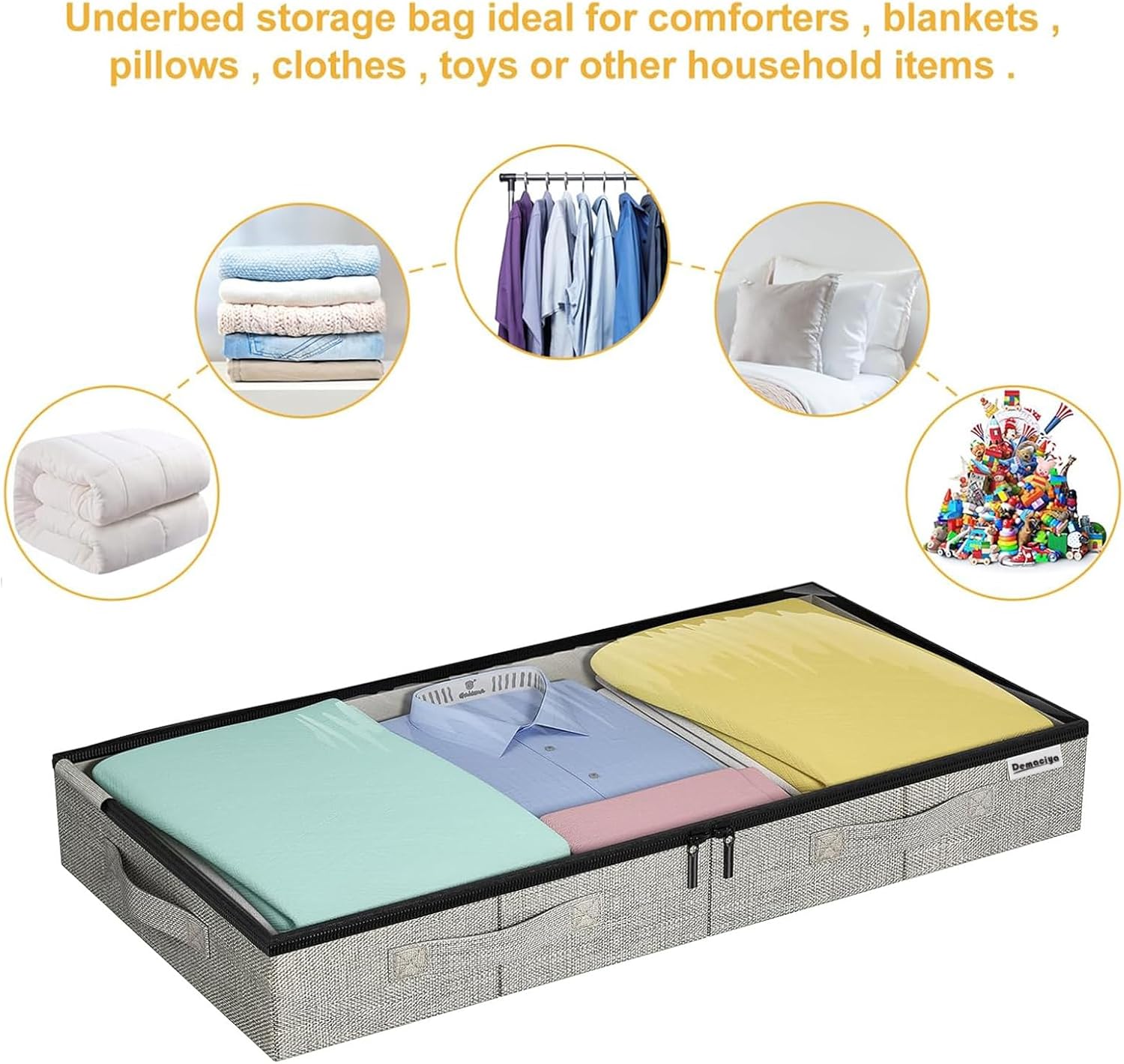 Under Bed Storage Container Set, 2 Pack Large Capacity Organizers with Clear Window, Gray Linen Fabric