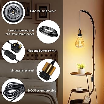 Plug in Pendant Light Cord Fitting, 5M Light Cable with Switch and Plug, E27 Lamp Holder, Plug in Ceiling Light, DIY Creative Table Lamp Fitting, Hanging Light Kit for Various Lampshade, Gold [Energy Class A++]