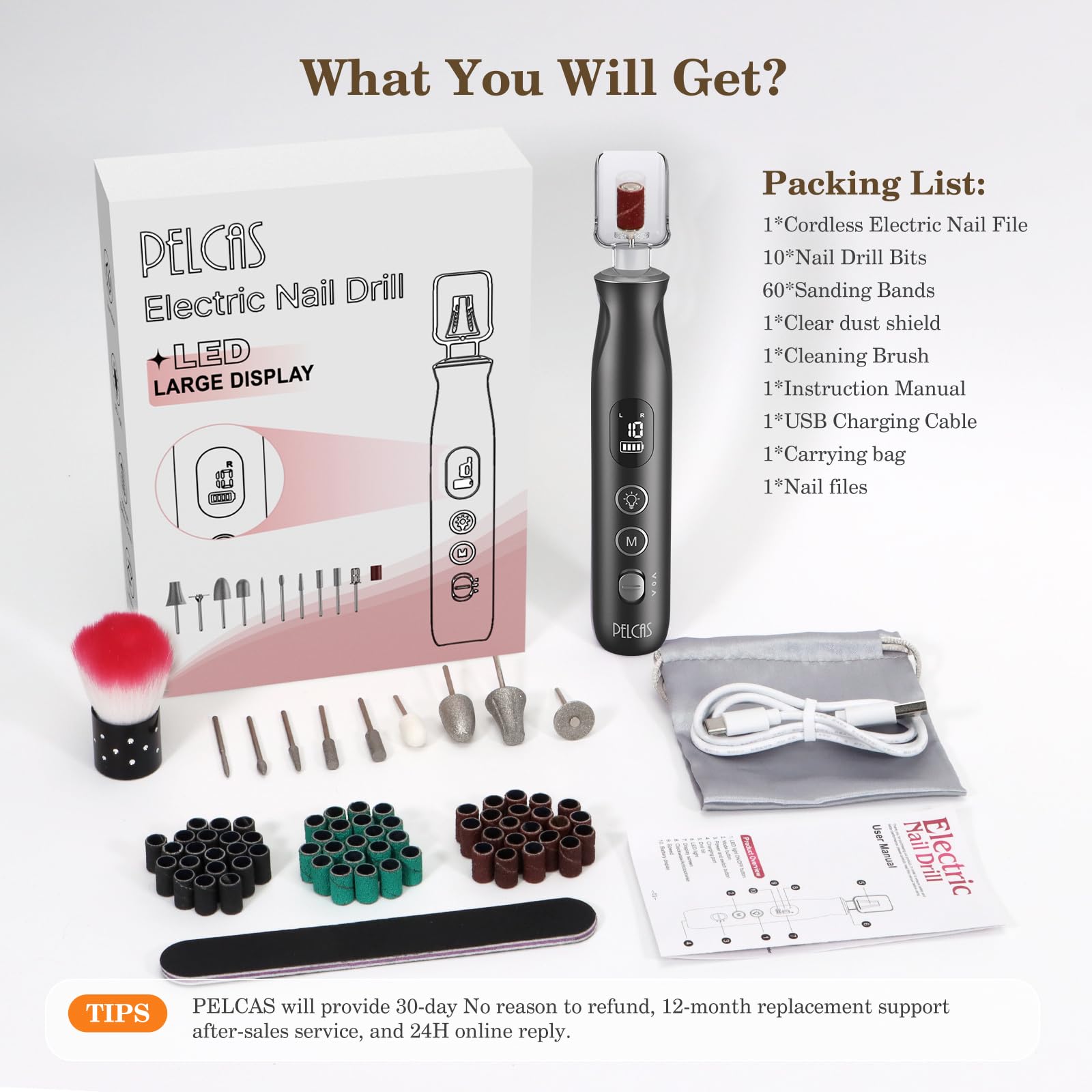 PELCAS Electric Nail Grinder, 10 Speeds Cordless Nail Drill with LED Light, Portable Manicure and Pedicure Kit, Nail File with LCD Screen for Human, Pet, Thick Toenails, Natural & Acrylic Nails Grey - image 7