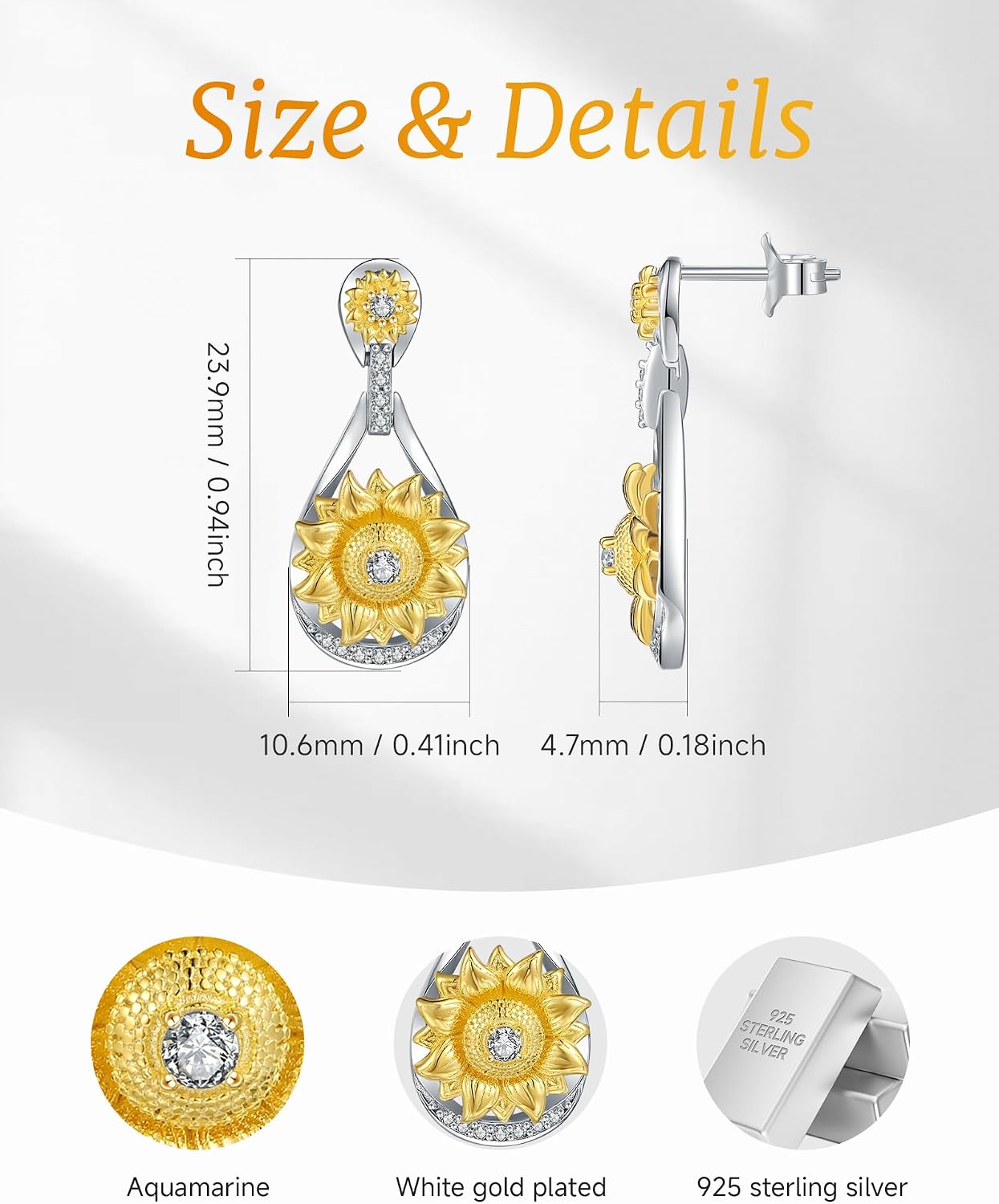 925 Sterling Silver Sunflower Earrings for Women, Lucky Horseshoe & Teardrop Dangle Earrings, 18K Gold Plated Two-Tone Hypoallergenic Jewelry with Cubic Zirconia, Good Luck Gifts for Mom Wife Girlfriend Anniversary Birthday Christmas