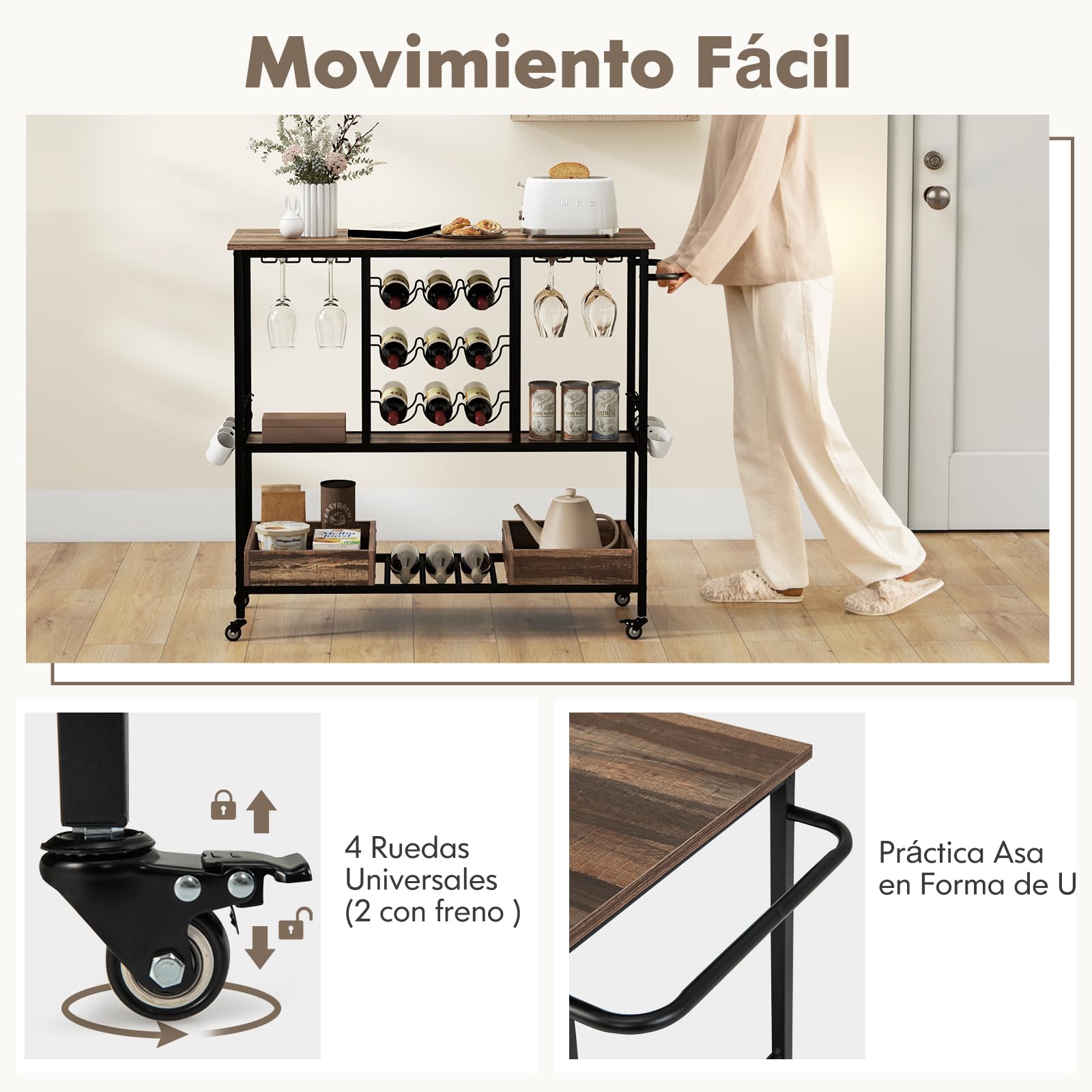 GOPLUS Carro de Servicio para el Hogar, Carrito de Bar para Bebidas con Estantes para Vidrio, Soportes para Vino, Ganchos y Bandeja de Almacenaje, Ruedas Bloqueables, de 3 Niveles para Cocina, Comedor