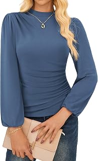 Womens Long Sleeve Ruched Tops Mock Neck Slim Fit Y2K Going Out Blouses 2025 Fall Trendy Tight Shirts