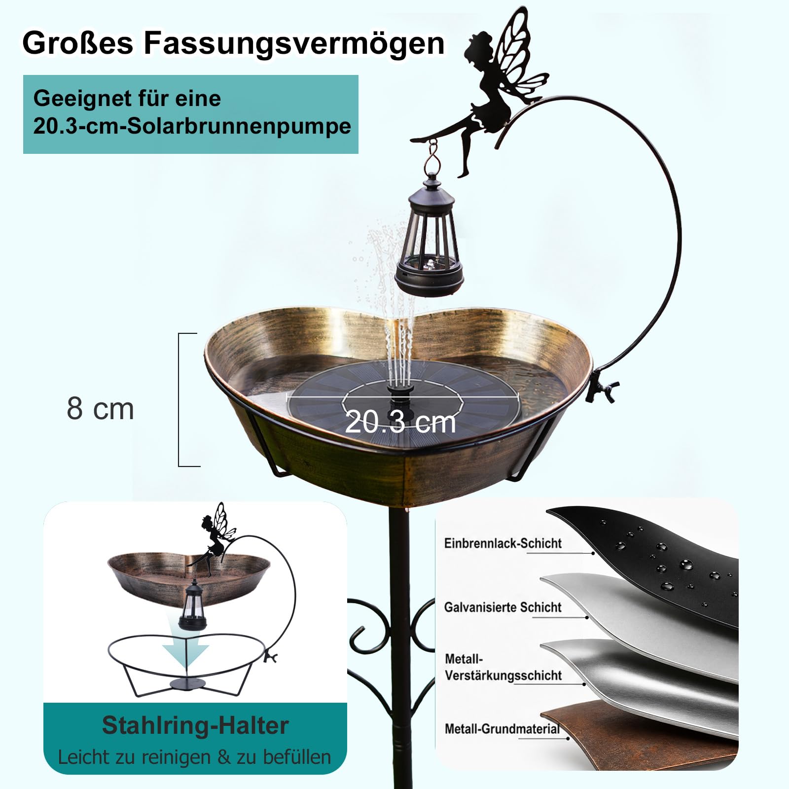 Solar Metall Herzförmiges Vogeltränke mit Liebevollen Feen & Solarlampen