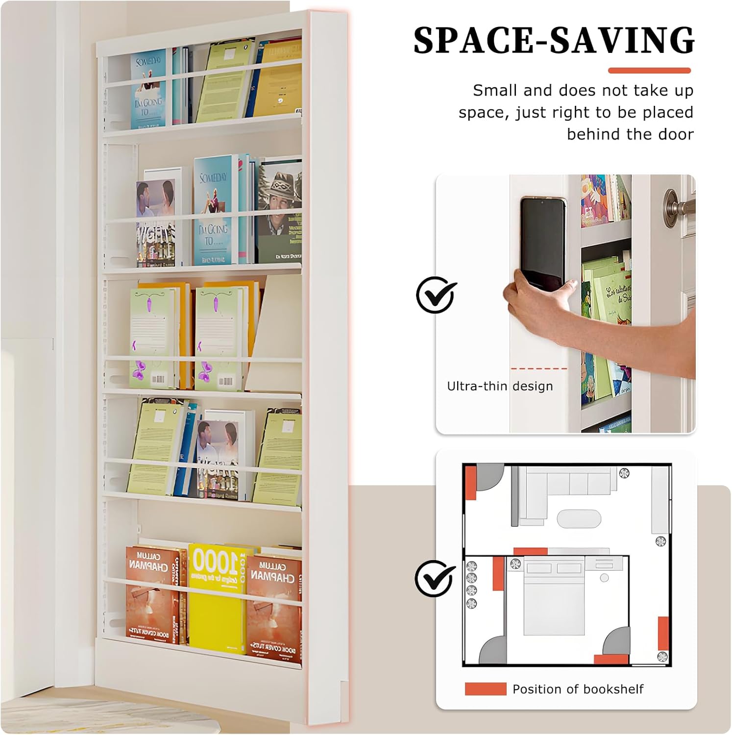 Behind door bookshelf,5/6-Tier Metal Book shelf - Kids Bedroom & Playroom Storage Organizer Adjustable shelf design for Living Room, Children's Room, Study Room, etc. white 5-shelf/31.5″×4.7″×70.9″