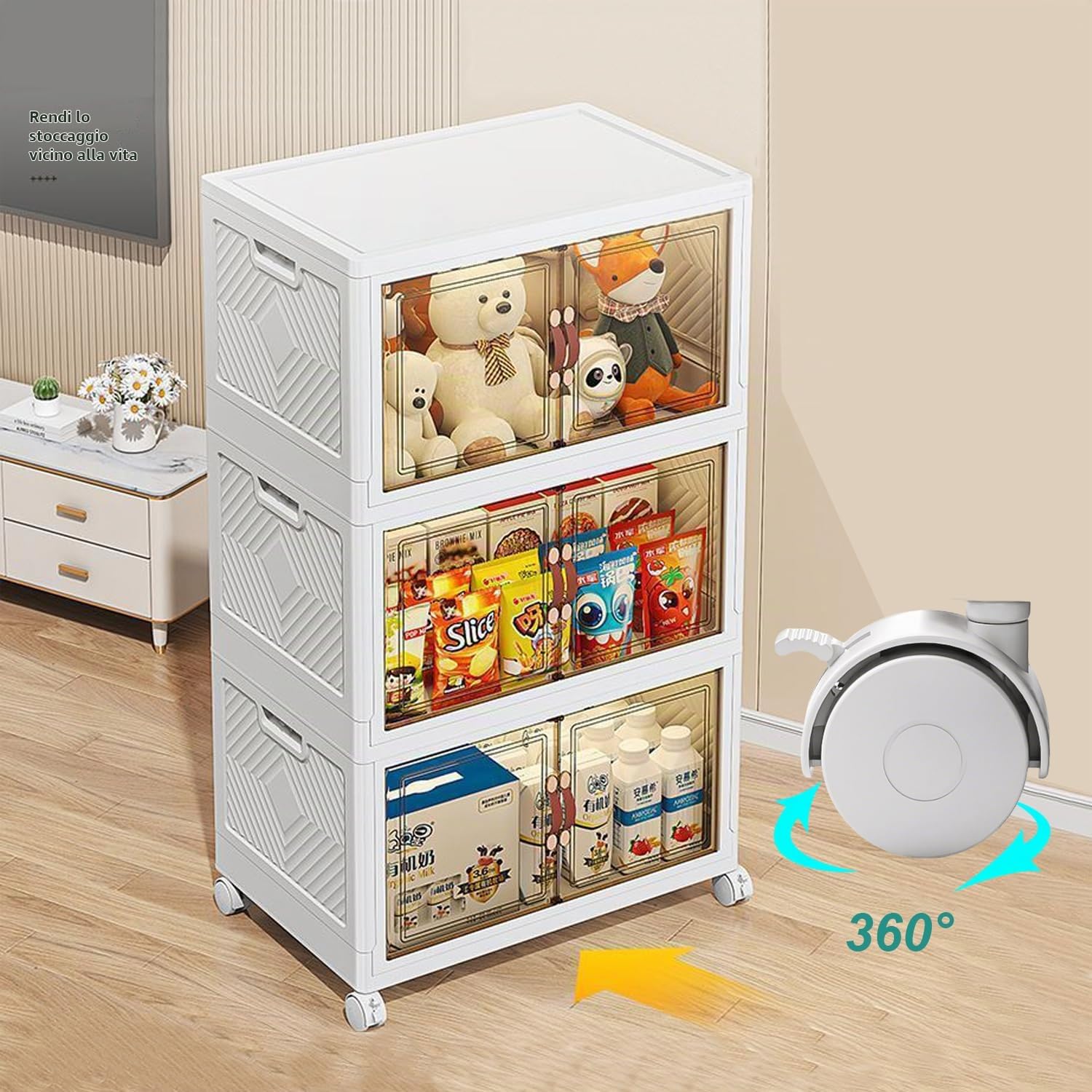 MECOLOR Armadi portaoggetti in plastica con ruote, 4 x 63 l, impilabili, pieghevoli, accesso dall'alto e anteriore, porte trasparenti magnetiche