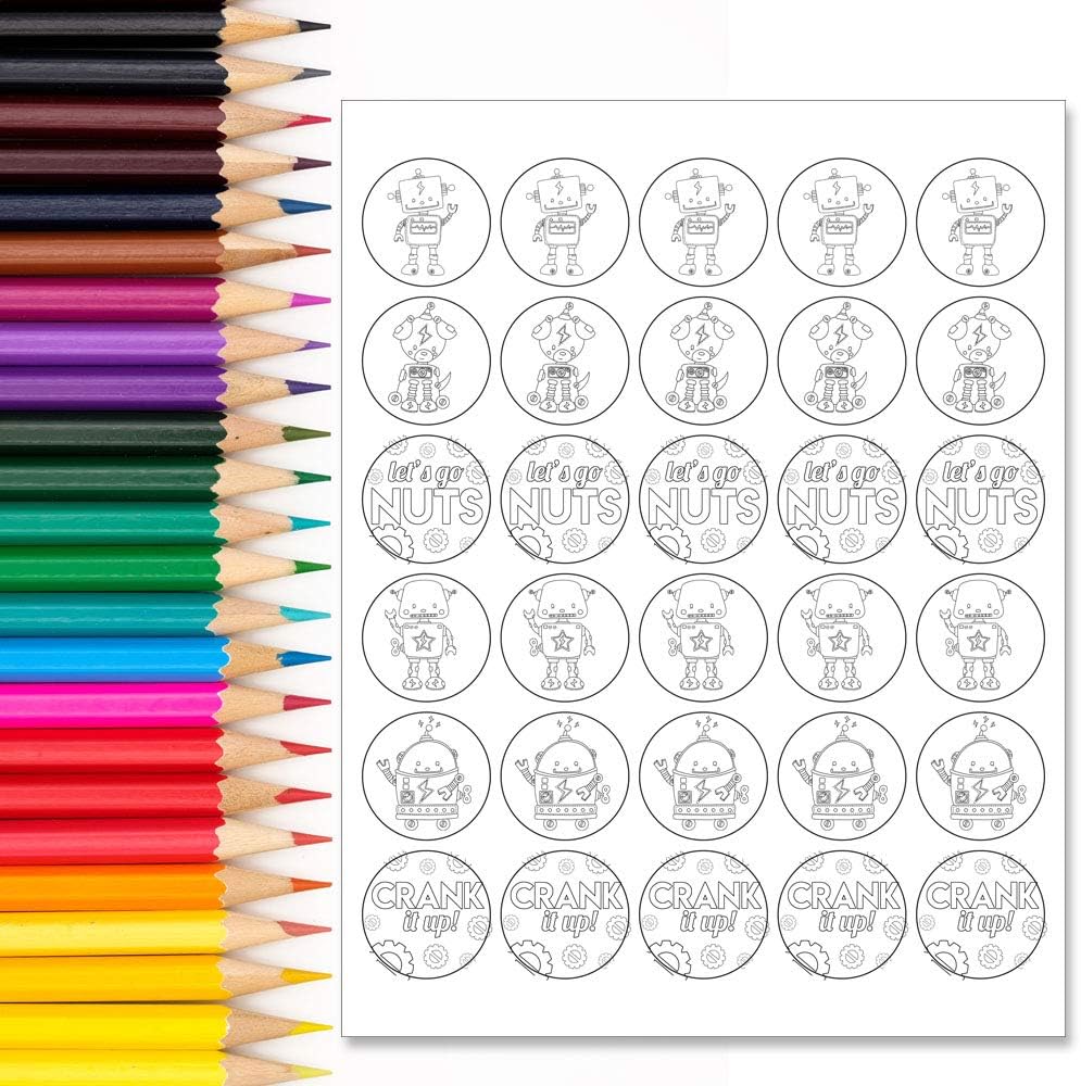 Color Your Own Cute Robots Themed Birthday Party Favor Sticker Labels for Kids, 90 1.5" Party Circle Stickers by AmandaCreation, Great for Arts & Crafts, Envelope Seals, Goodie Bags & Treats