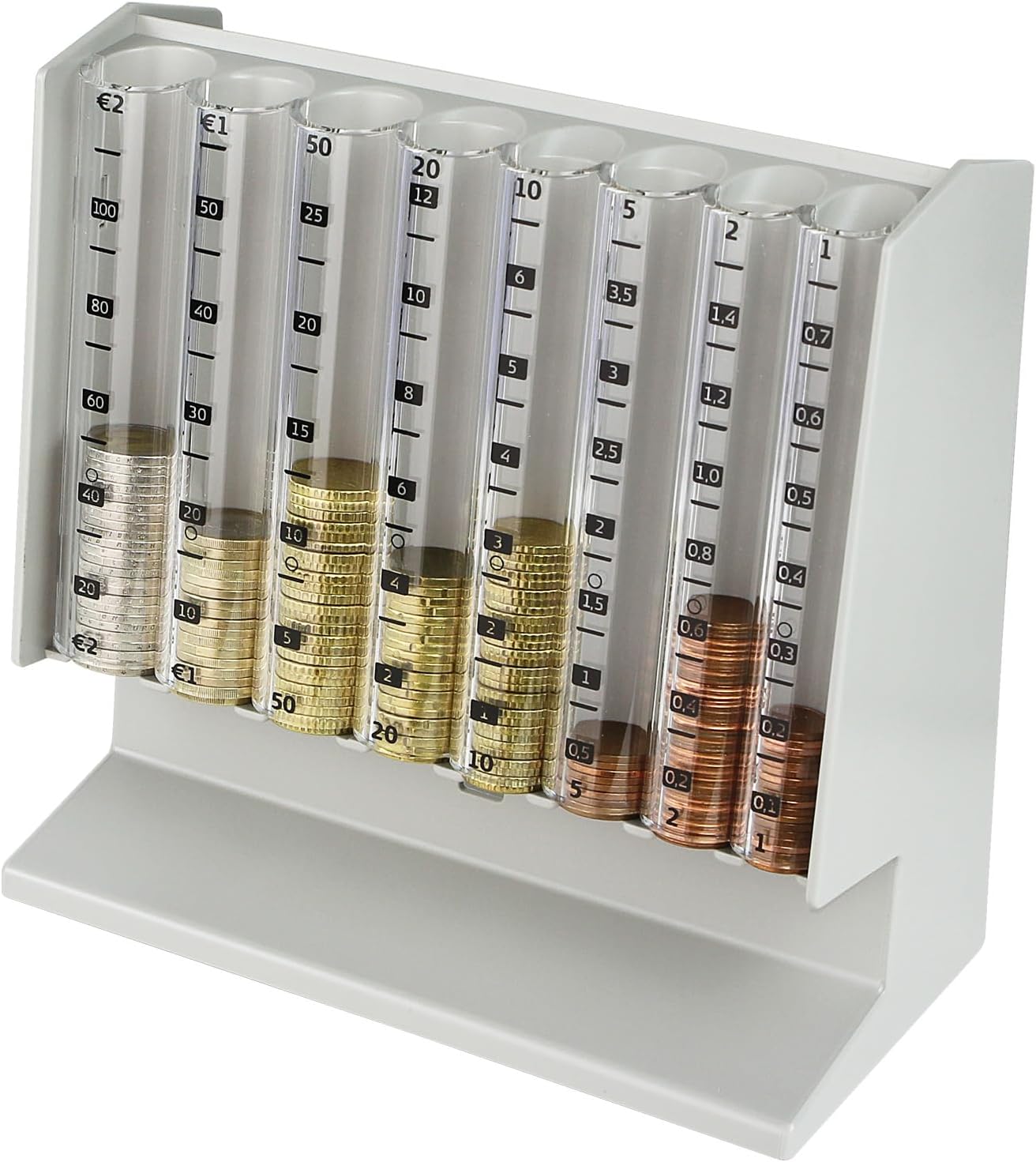HMF Coin Counter for Sorting and Storing Loose Change, Transparent Coin Sorter with Value Scale as a Money Box for Children | 21 x 19.5 x 10 cm | Light Grey